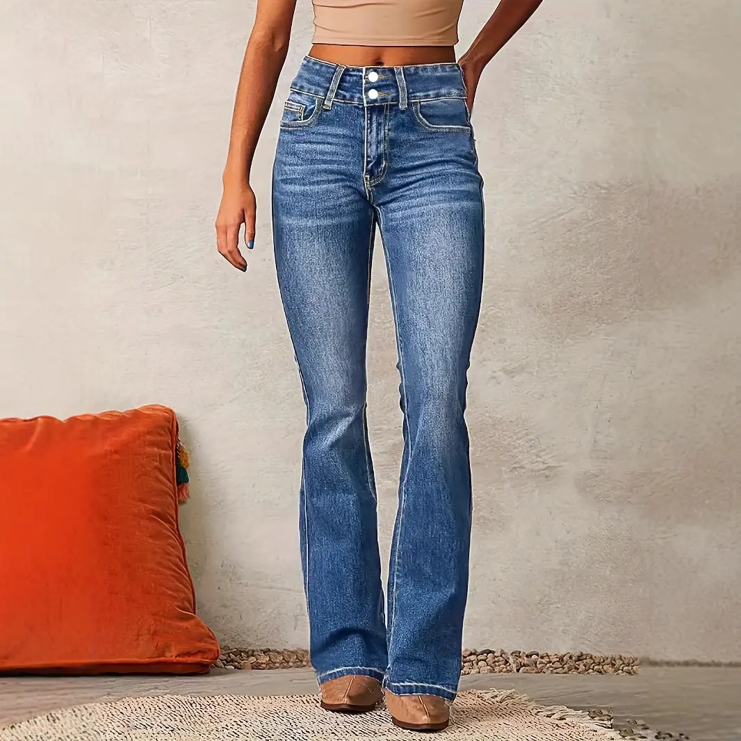 Women's Vintage Denim High-Waisted Leg-Lengthening Slight Flared Jeans, Double-Button Design, Distressed Wash, Y2K Versatile Pants