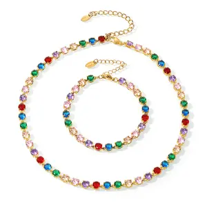 Handmade Prong Setting 5mm Colorful Zircon Shiny Bracelet & Necklace Set, 18K Gold Plated Luxury Jewelry