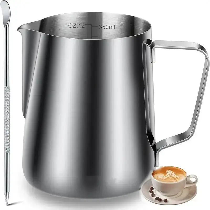 12oz Milk Frother Set, Stainless Steel Milk Pitcher & Latte Art Pen, Milk Frothing Pitcher Cup, Steaming Pitcher with Tick Mark, Summer Fathers Day Gi