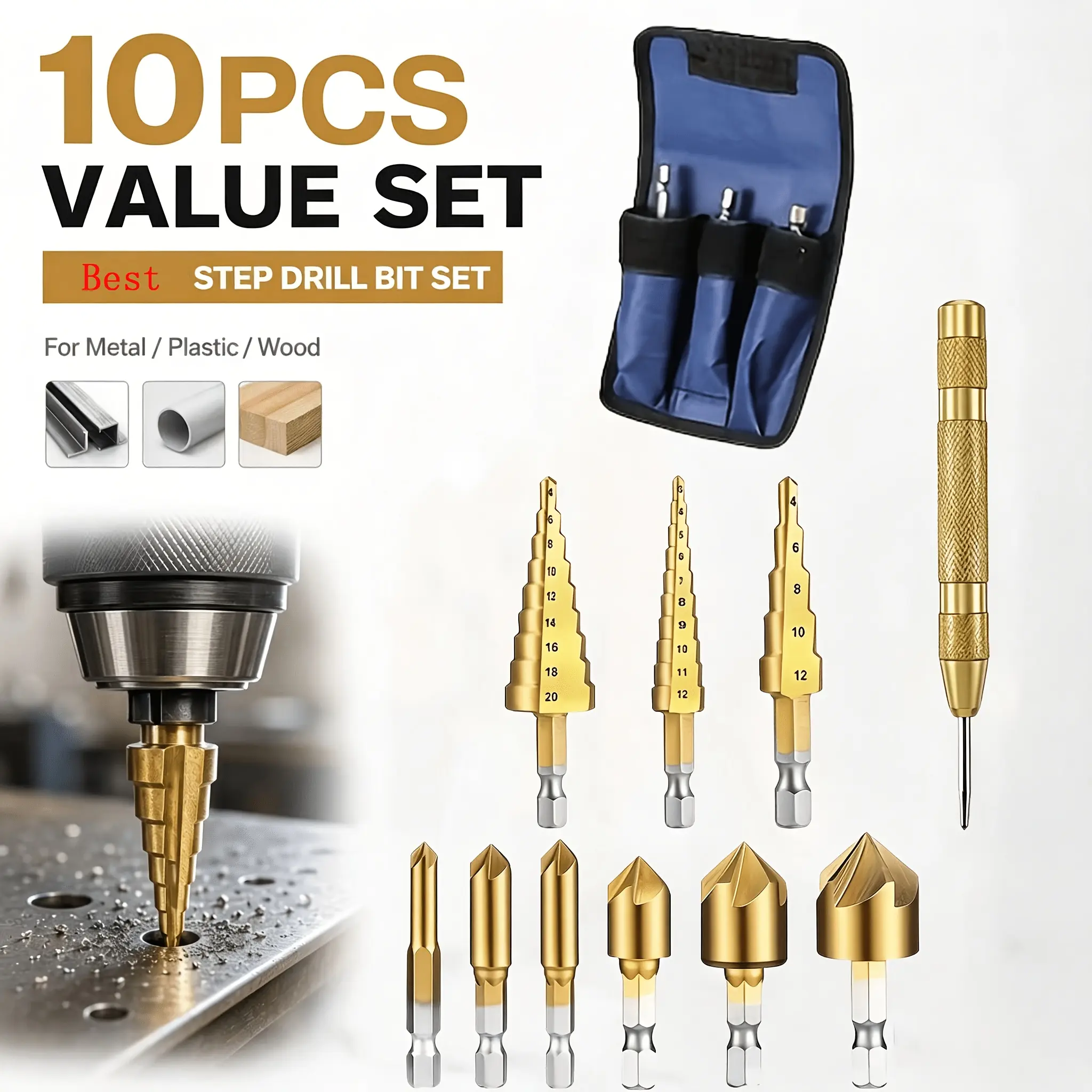 10 Pcs Titanium Step Drill Bit and Countersink Bit screw Set with Automatic Center Punch, 1/4" Hex Shank HSS Cone Drill Bits for Sheet Metal, Wood, Plastic, Multi-Size Hole Cutter & Chamfer Tool Set 002 extractor kit drillbit fathersdaygift