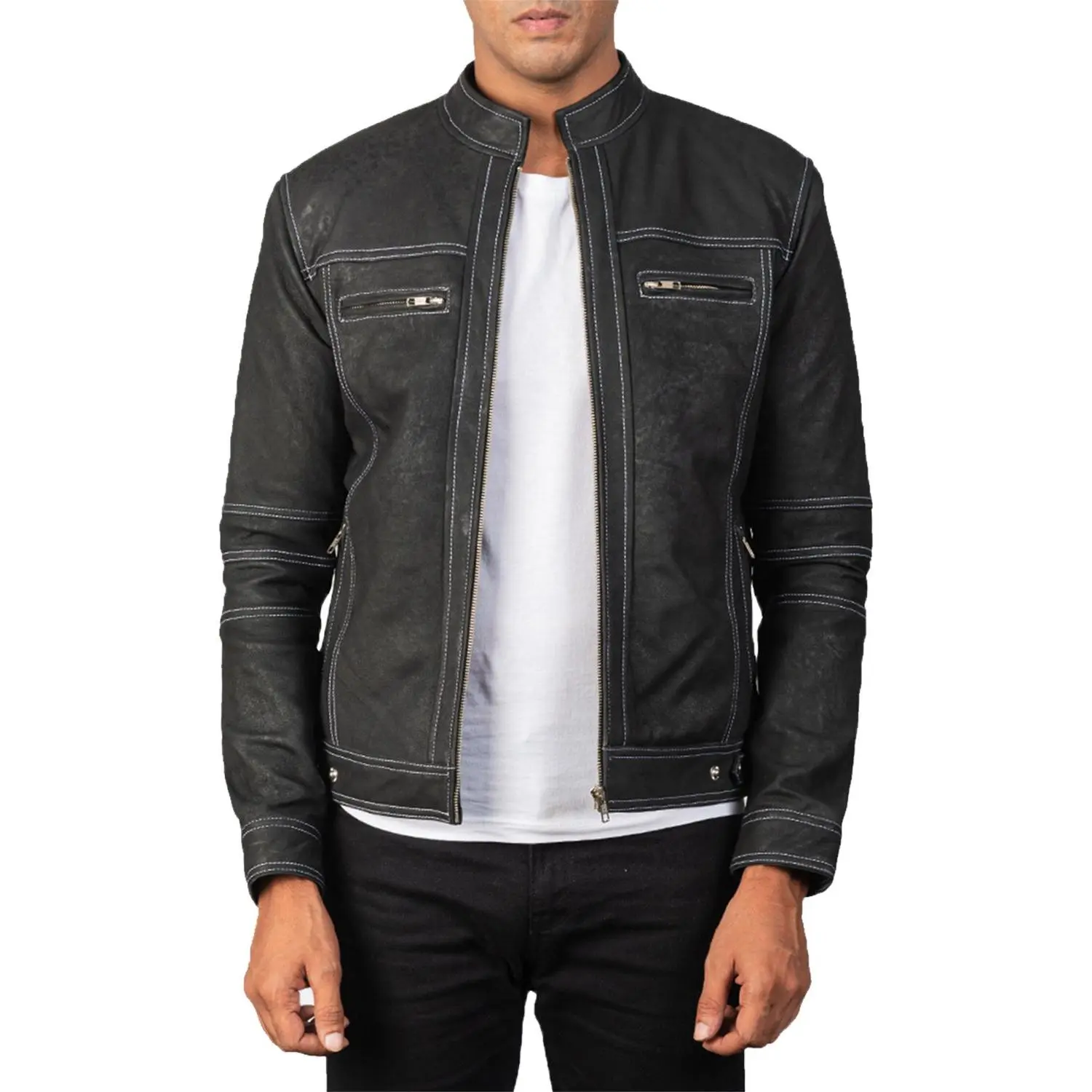 Men's Distressed Black Biker Leather Jacket