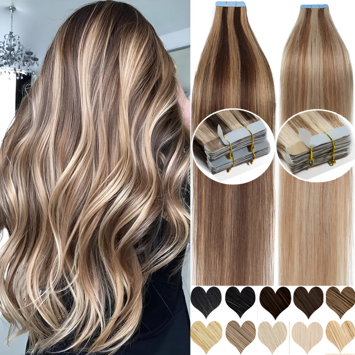 PROKYVITY  100G Tape in Hair Extensions 100% Human Hair Natural Straight Tape In Hair Extensions Tapes on 100% Remy Human Hair 40 Pieces 100g Fuul HeadSilky Straight For Women