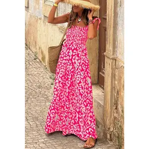 Women's High-Waist Pink Leopard Print Smocked Straps Sleeveless Ruffle Maxi Dress - Casual Beach Wear