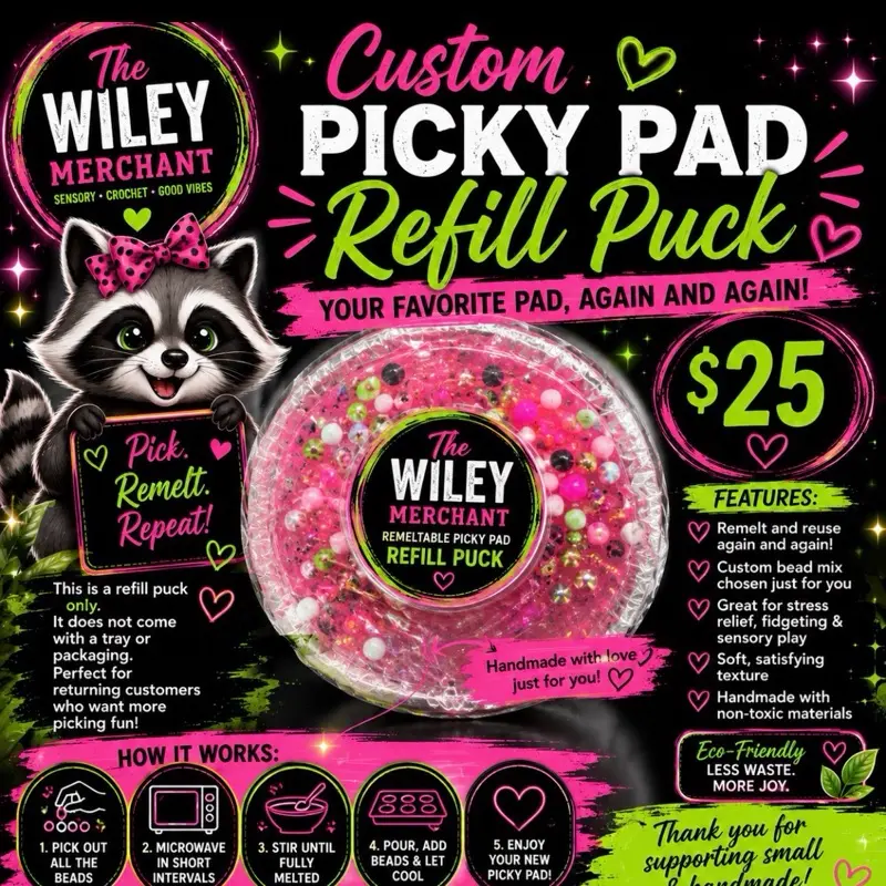 The Wiley Merchant Custom 6oz Pad/ refill puck, Anxiety Relief Products for Stress Relief Fidgeting, Decompression Squeeze, Worry Stone & Calming Touch (Color Customization Available for Beads, Appliqués & fidgit toys