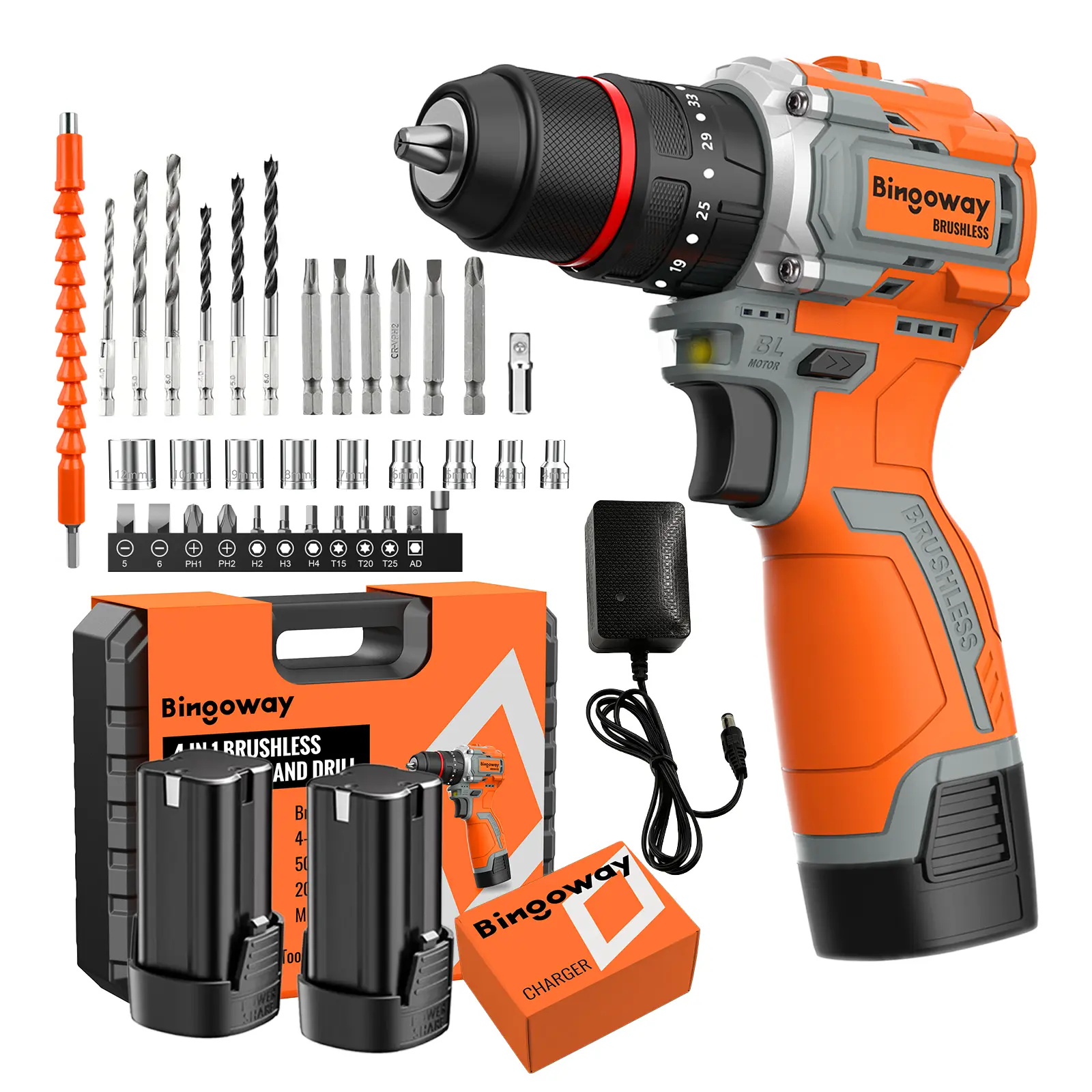 Bingoway 5ON.m(37ft-lbs) Brushless Cordless Drill, 4-Function ElectricDrill with 36 pcs Accessories, Keyless Metal Chuck, 35Torque Adjustment, 2pcs 2000mAh 16V Batteries, 2 Speed,Screwdriver, Wrench,Impact Machines Gun ForHousework,Power Tool,Tool Kit box