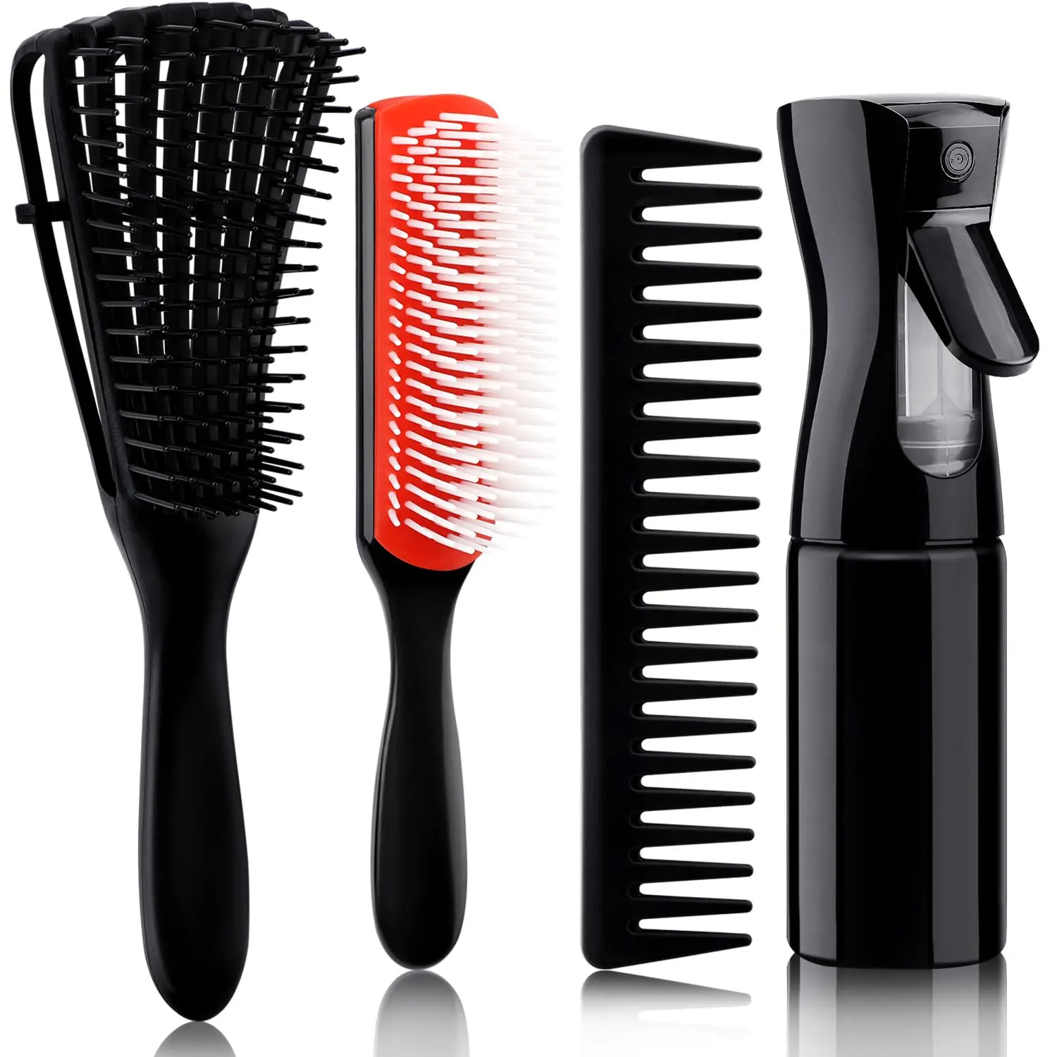 3+1 Black Hair Care Set (4pcs) – Curl Define Brush, Detangler Combs, Wide Tooth Comb & Detangler Spray Bottle for Adults, Wet or Dry 3/4ABC Hair