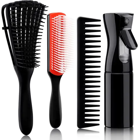 Eco-Friendly Anti-Tangle 3+1 Black 4pcs Hair Care Set - Curl Defining Brush, Detangling Comb, Wide Tooth Comb, Detangler Spray Bottle for Thick 3/4ABC African Curls, Wet/Dry Wash and Go, Gentle ABS Hair Styling Tools