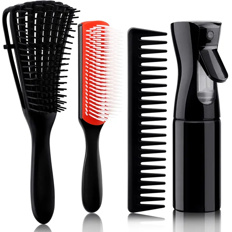Eco-Friendly Anti-Tangle 3+1 Black 4pcs Hair Care Set - Curl Defining Brush, Detangling Comb, Wide Tooth Comb, Detangler Spray Bottle for Thick 3/4ABC African Curls, Wet/Dry Wash and Go, Gentle ABS Hair Styling Tools