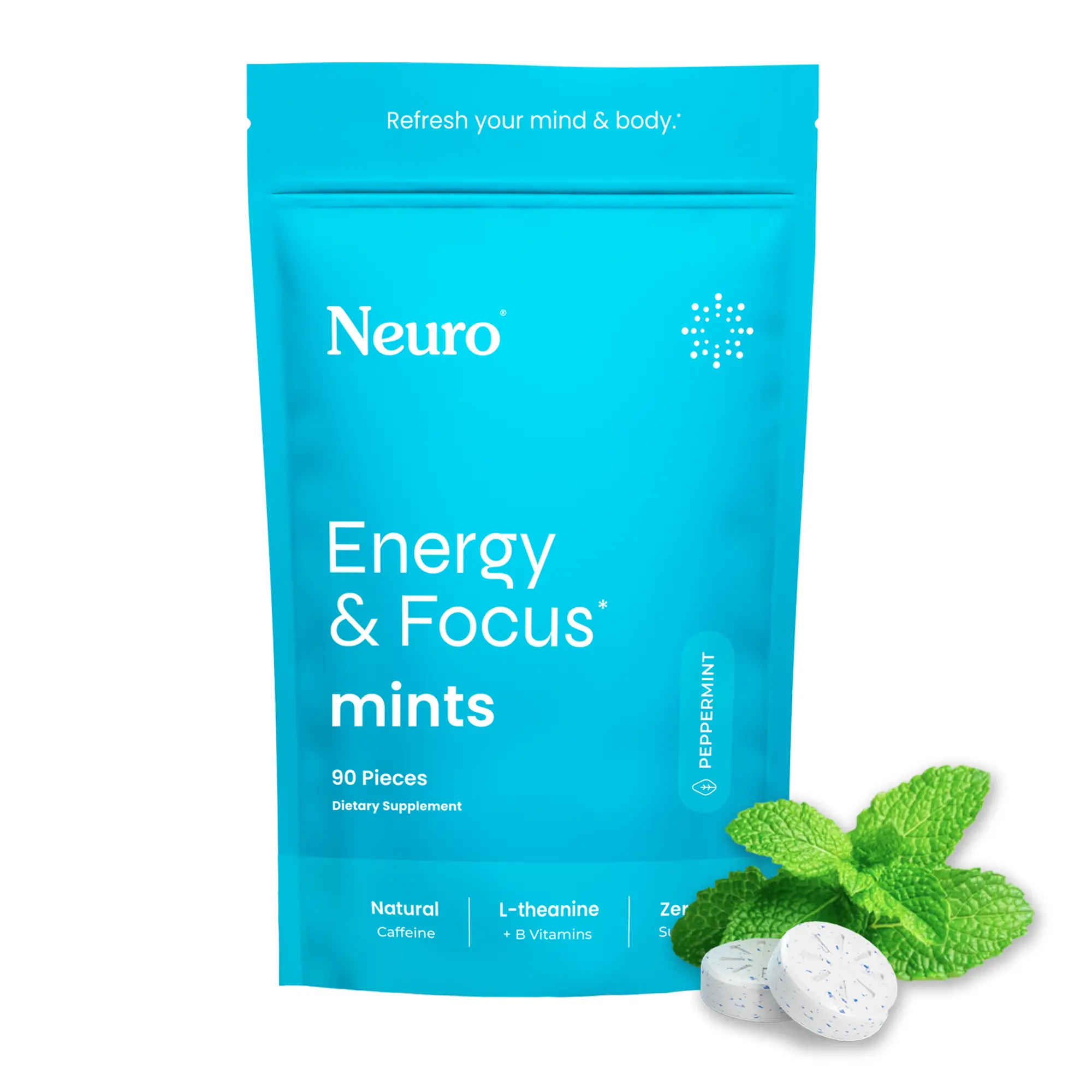 Neuro Energy Caffeine Mints (90 Pieces) - Sugar-Free Nootropic Mints for Energy & Focus with L-theanine, Caffeine, Vitamin B12 & Vitamin B6 - Peppermi