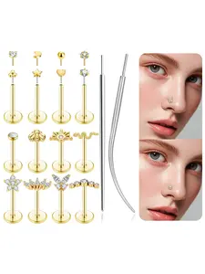 Push in Stud Earring 14K Gold Filled Threadless Flat Back Earrings Stainless Steel Nose Rings Studs Cartilage Helix Conch Tragus Lip Labret Nostril Piercing for Women 6mm 8mm Gold Silver Tone Multiple Sizes Durable Materials
