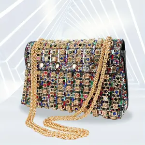 Colorful Rhinestone Clutch Bag For Women, Luxury Chain Shoulder Bag, Shiny Glitter Handbag Purse For Party Prom Banquet Evening