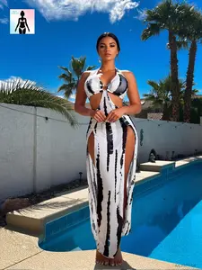 Aura Swim Women's Abstract Print Cutout 1-Piece Swimsuit - Tummy Control Swimwear with High Split Skirt, U-Ring Metal Decor, Halter V-Neck, Backless Design, Removable Pads - Ideal for Summer Beach, Pool Parties