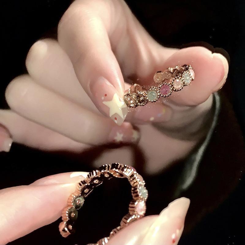 Tourmaline rainbow ring female special-interest design open adjustable ring sweet cool hot girl style ornament high-grade ring