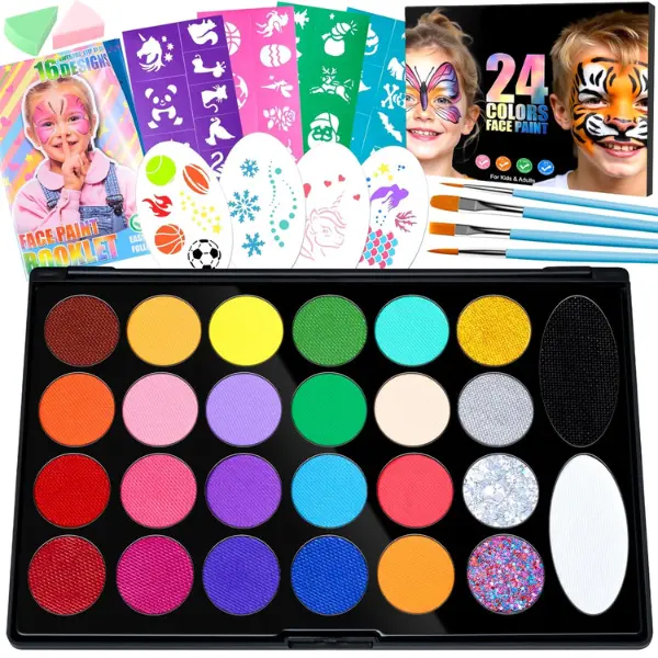 Face Painting Kit for Kids Non-Toxic & Hypoallergenic Face Paint Makeup Kit with Stencils Idea Book & Brushes Washable Safe Face Paint for Children Halloween Costume Birthday Parties School Events Festivals & Cosplay