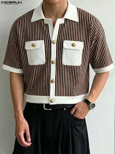 INCERUN Men's Striped Patchwork Colorblock Short Sleeve Shirt, Casual Fashion Top, Comfortable and Stylish, Perfect for Daily Wear