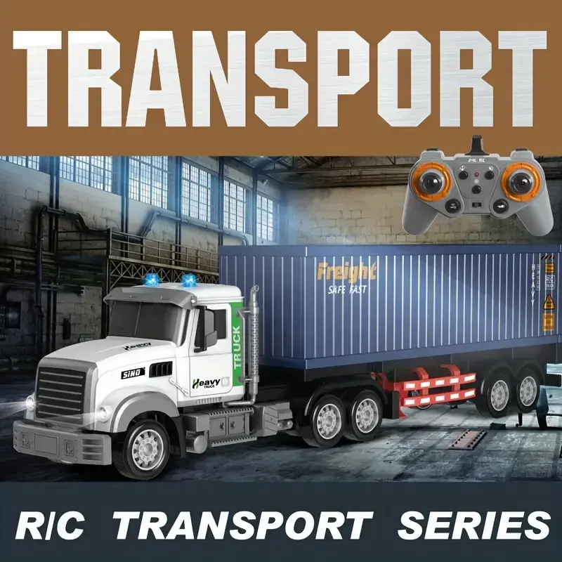 RC Semi Truck with Trailer Semi Truck Toy for Kids, Carrier Van Transport Vehicle with 2 Rechargeable Batteries, 1:24 Container Trucks with LED Lights & Music, Great Gift For Boys Girls
