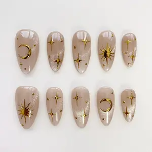 Aura Press On Nails Long Almond Nails / Moon & Sun Star Nails / Cat Eye Nails / Aura Nails / Gyaru Nails / Gothic Nails / Black Nails / Birthday Nails