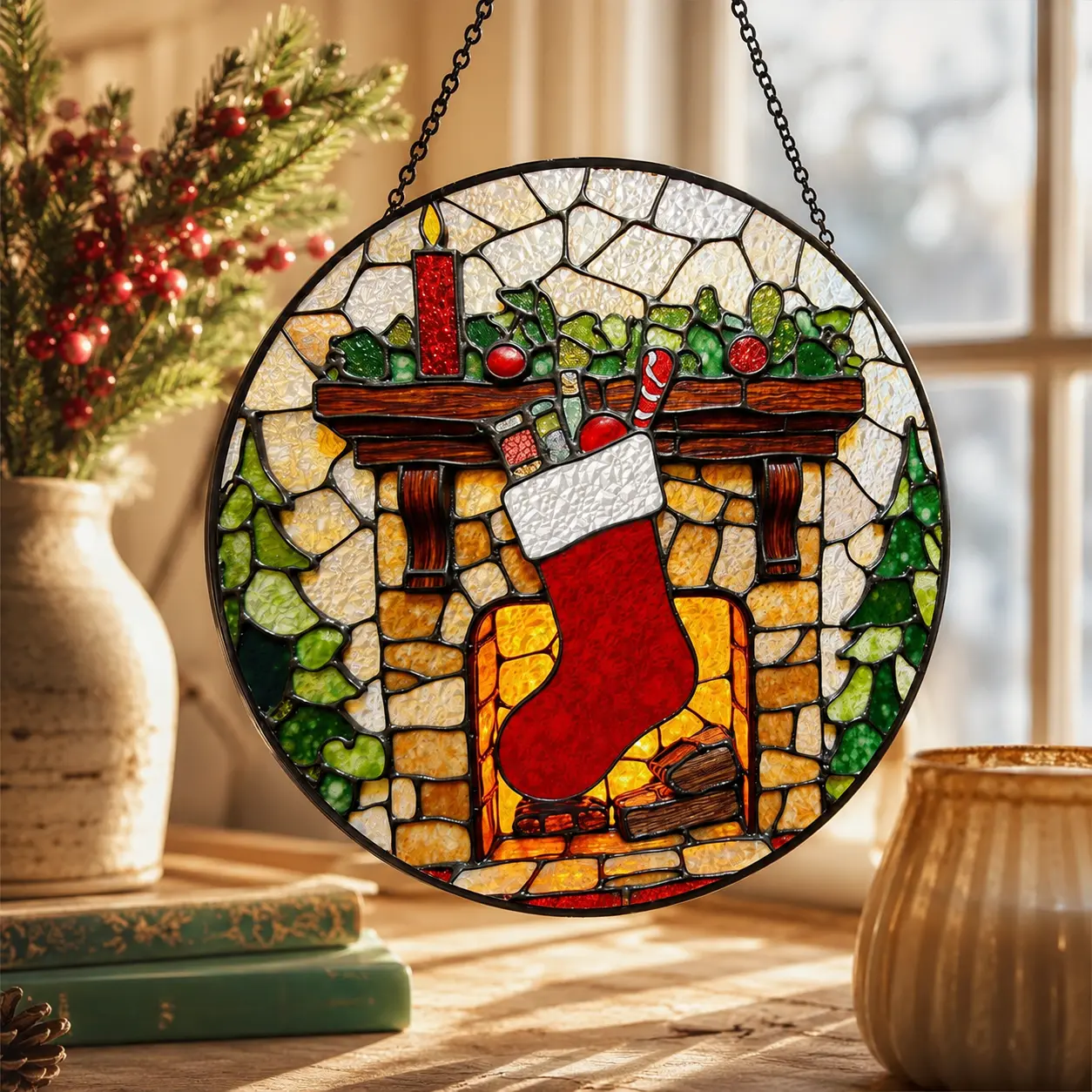 Christmas Stocking Fireplace Stained Glass Style Suncatcher, Holiday Mantel Window Hanging, Cozy Winter Home Decor, Festive Christmas Gift