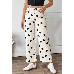 White Polka Dot Print Wide Leg Ankle-Length Jeans