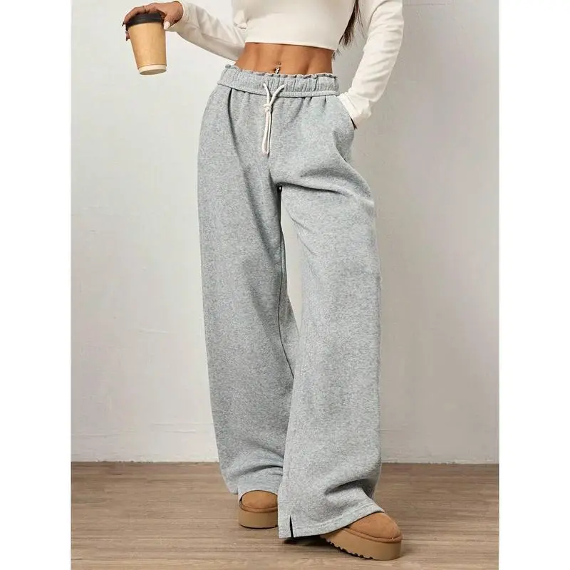 Women's Grey Foldover Waistband Drawstring Straight Leg Baggy Extra Long Casual Polyester Knit Pants - Slant Pockets, Machine Washable, Grey Sweatpants, Graduation Outfit
