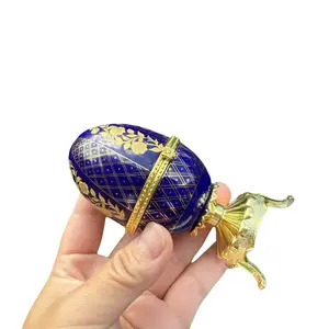 Faberge Style Egg Trinket Box Royal Blue Floral Jewelry Box Decorative Organizer with Intricate Patterns and Royal Charm