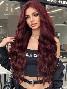 Handwoven 13x6 Lace 26 Inch Wine Long Curly Wig, Natural Fashion Realistic, Lightweight Breathable, Casual Parting, All Seasons, Deep Wavy Wigs