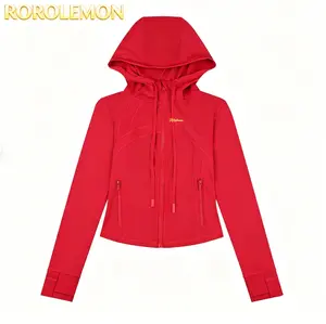 Women’s Cropped Hooded Workout Jacket, Slim Fit Full-Zip Yoga Top with Thumb Holes & Zipper Pockets, Buttery Soft 4-Way Stretch