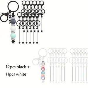 23pcs DIY Beadable Keychain Making Kit with 12 Color Beads (Black, White, Pink, Turquoise,, Dark Grey) & Blank Chain Bars - Bulk Jewelry Craft Supplies for Charms, Party Favors, Promotional Gifts for s &