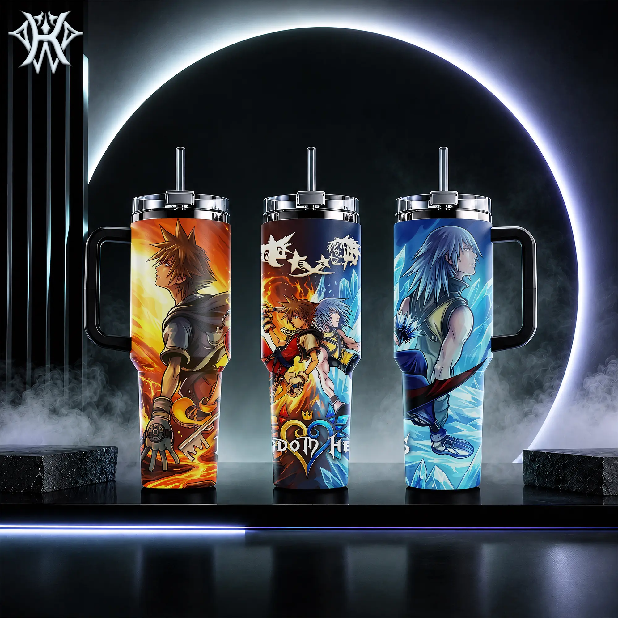 Kingdom Hearts Sora Riku 40oz Tumbler with Handle & 20oz Skinny Insulated Stainless Steel Mug, Gaming Merch Anime Gift for Men Fans, Fire Ice Aesthetic Travel Coffee Cup Water Bottle Leak-Proof