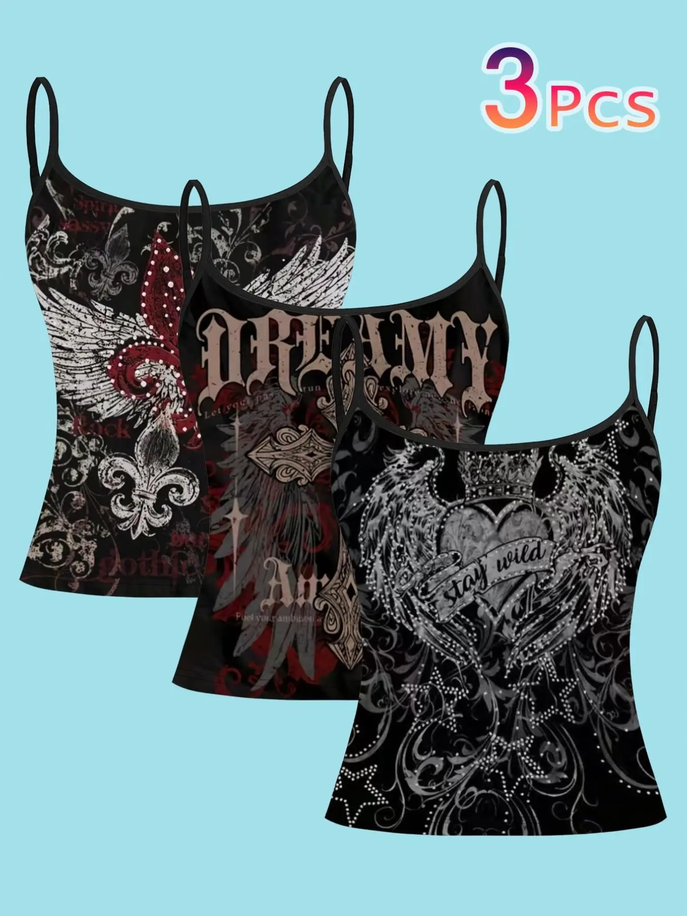 3 Piece Gothic Heart & Pattern Spaghetti Strap Sleeveless Cami Set, Casual Comfy Cami, Slim Fit Casual Outerwear, Dark Wing Print, Women's Fashion Top, All over Print Design, Camisole Tops