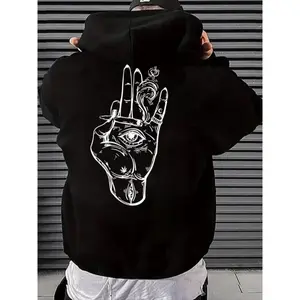 Men's Regular Fit Hand & Eye Print Drop Shoulder Hoodie, Fashion Casual Drawstring Pocket Hooded Sweatshirt for Daily Holiday Outdoor Wear, Casual Men Clothes for Spring & Fall Unisex Hoodies