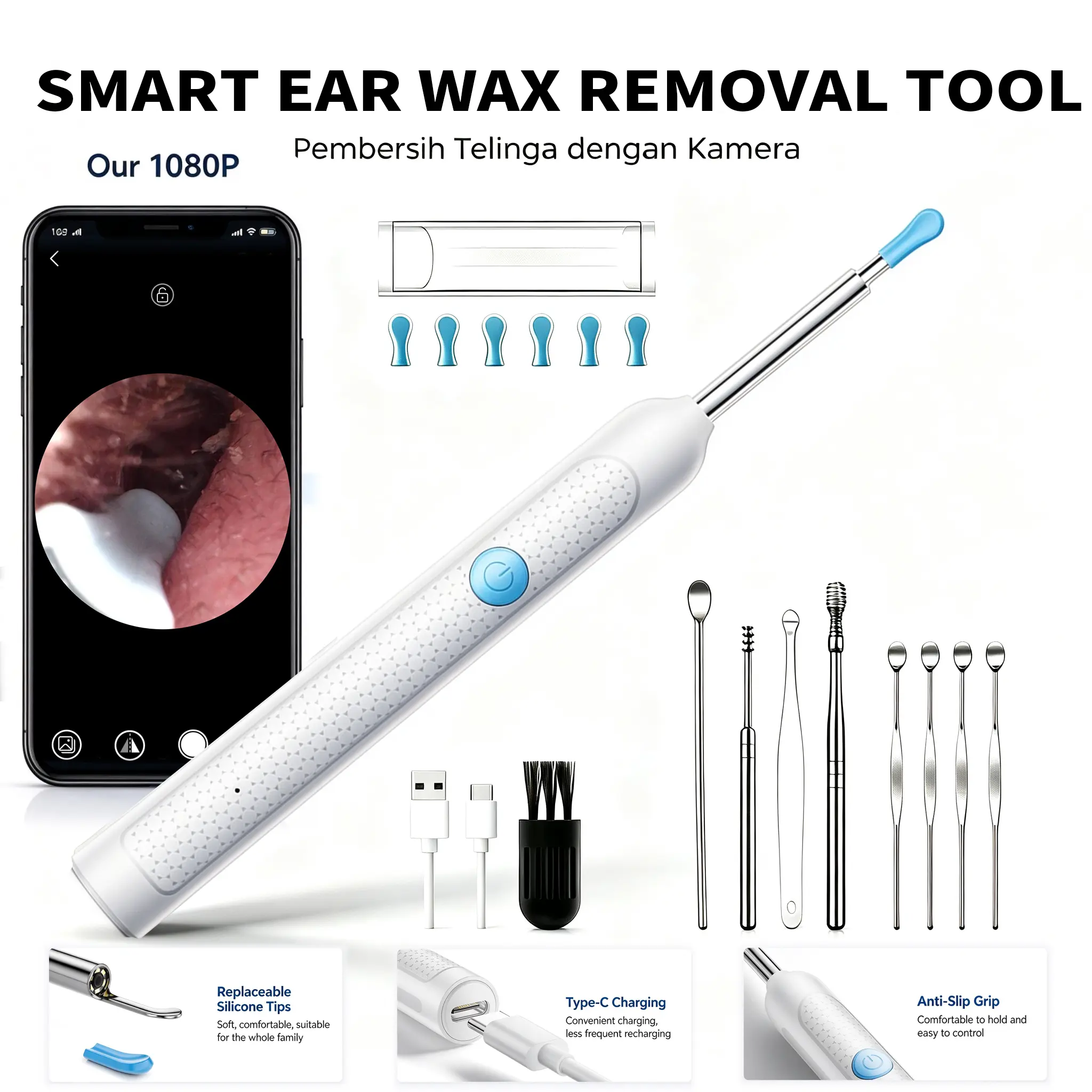 Safe Ear Wax Removal Tool with 1080P HD Camera, WiFi Visual Ear Cleaner, Type-C Rechargeable Ear Spoon with LED Light, Silicone Soft Ear Plug, Waterproof Endoscope for iPhone & Android, Gentle Ear Care