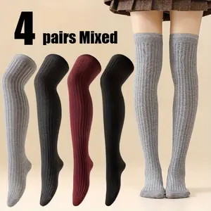 Women's Solid Color Drawstring Knee-High Socks - 2/4 Pairs, Japanese Student Style, Warm Comfortable Autumn Winter Basic Socks for Outdoor Activities, Christmas Parties