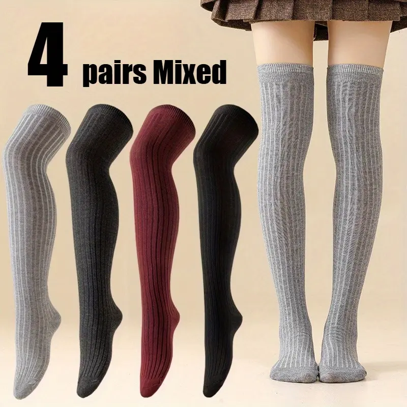 Women's Solid Ribbed Knee-High Socks, 2 Pairs Japanese Style with Adjustable Drawstring, Warm High Stretch for Autumn Winter, Lady