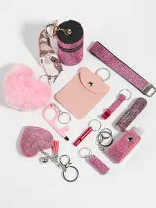 11 pieces of fashionable pink women's rhinestone pink security key chain suit wristband with storage bag and pompom card bag accessories kit, key chain accessories, fashionable and sturdy material, Keychain Bag Pendant