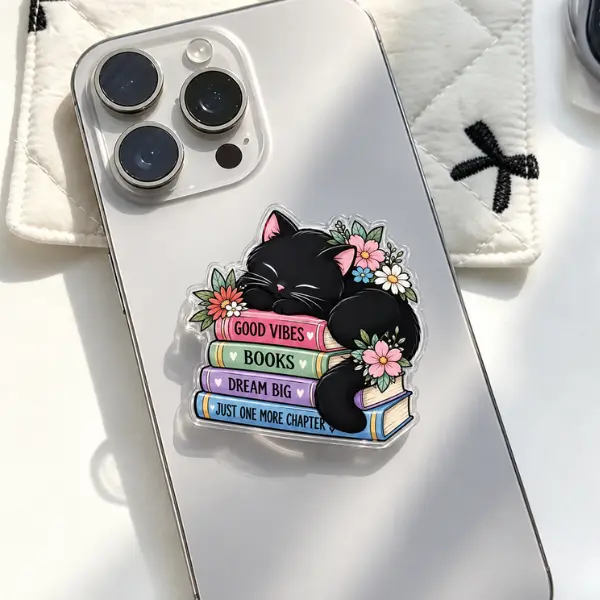 Sleeping Black Cat on Books MagSafe Phone Grip, Cute Bookworm Cat & Floral Stack of Books PopSocket, Aesthetic BookTok Phone Accessory