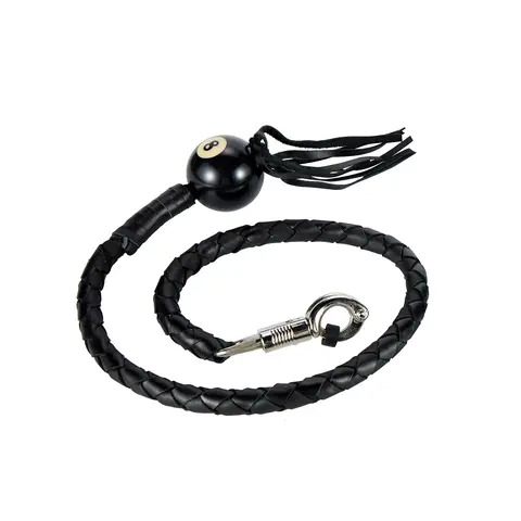 Dream Apparel 36/42 Inch Genuine Leather Motorcycle Whip with 8-Ball & Fringe Black & Red Stainless Steel Quick Release Clasp for Biker Style and Visibility