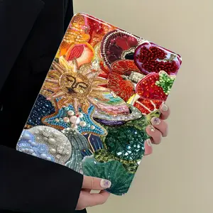 Stylish Sun Fruit Pattern Design Three-Tier Stand iPad Case,Transparent Acrylic Hard Back,Pencil Slot & Charger Port,Fits iPad 7.9/8.3/10.2/10.5/10.9/11/12.9 13 inch,Shock-resistant Full Cover Tablet Protective Cover Suitable for Offices Schools Homes