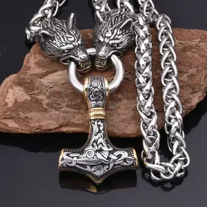 European And American Viking Golden Wolf Head Thor's Hammer Pendant Necklace Men's Golden Pendant Necklace Jewelry