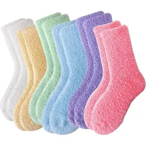 Women's 6 Pairs Padded Fuzzy Fleece Home Floor Comfortable Warm Puffy Microfiber Sleeping Winter Padded Socks