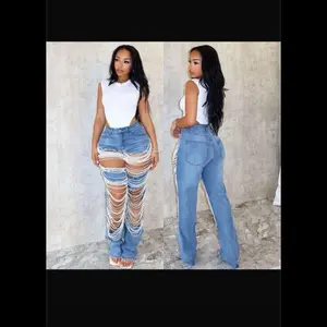 Pe Women's High-Waisted Denim Jeans with Distressed Ripped Design for Casual Wear