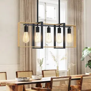 【Christmas Gift】Kitchen Island Light Fixture Over Table, Farmhouse Chandeliers for Dining Room, 5-Light Adjustable Dining Room Light Fixtures, Rattan+Metal Pendant Light for Kitchen Island