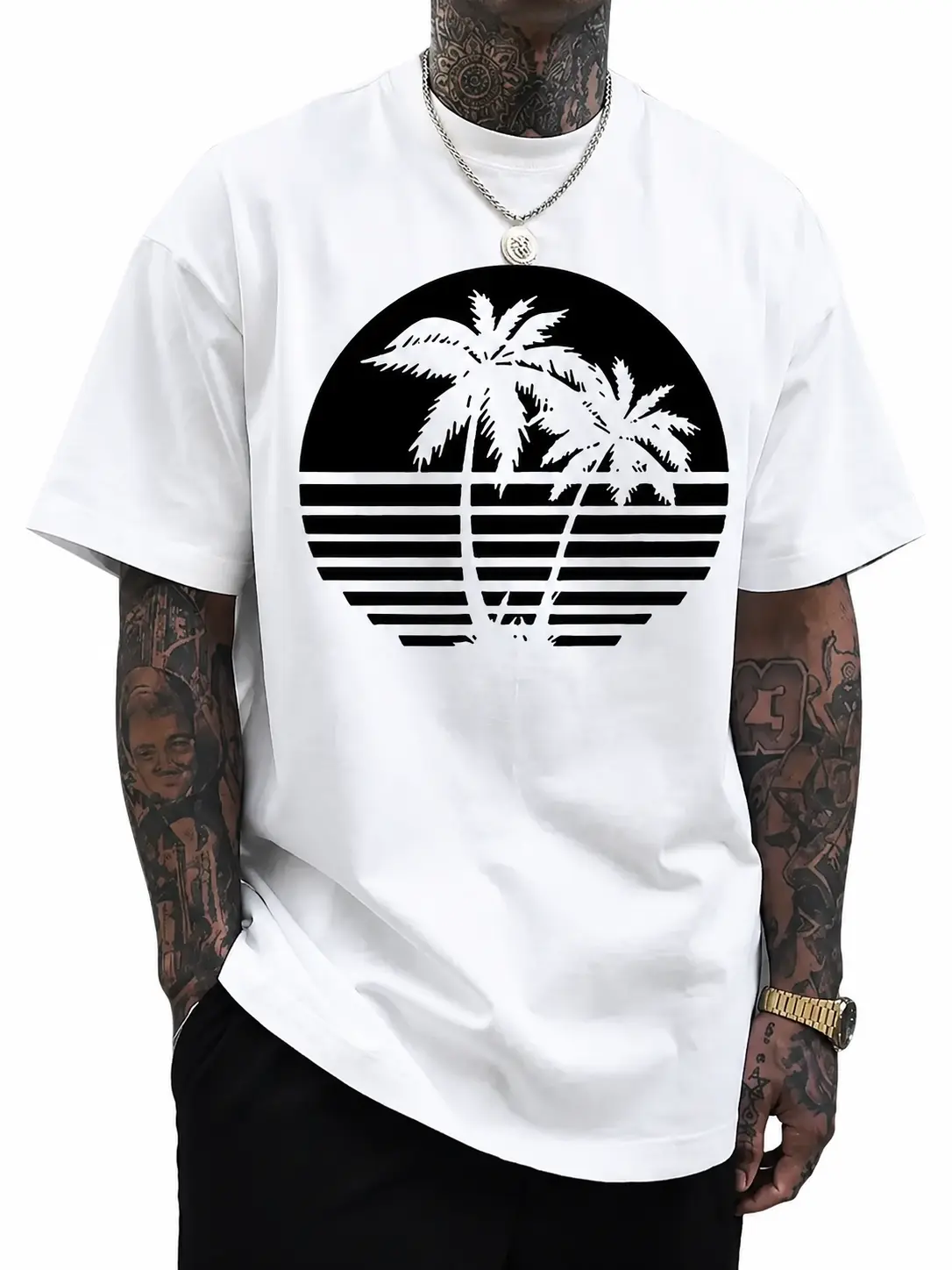 Men's Coconut Tree Sunset Top, Casual Shortsleeve Crew Neck Navy Cotton Streetwear for a Tropical Vacation
