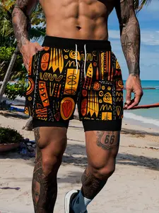 Men's Summer Dual-Layer Beach Shorts, Vintage Tribal Geometric Print, Casual Loose-Fit, Breathable Quick-Dry, Drawstring Waist