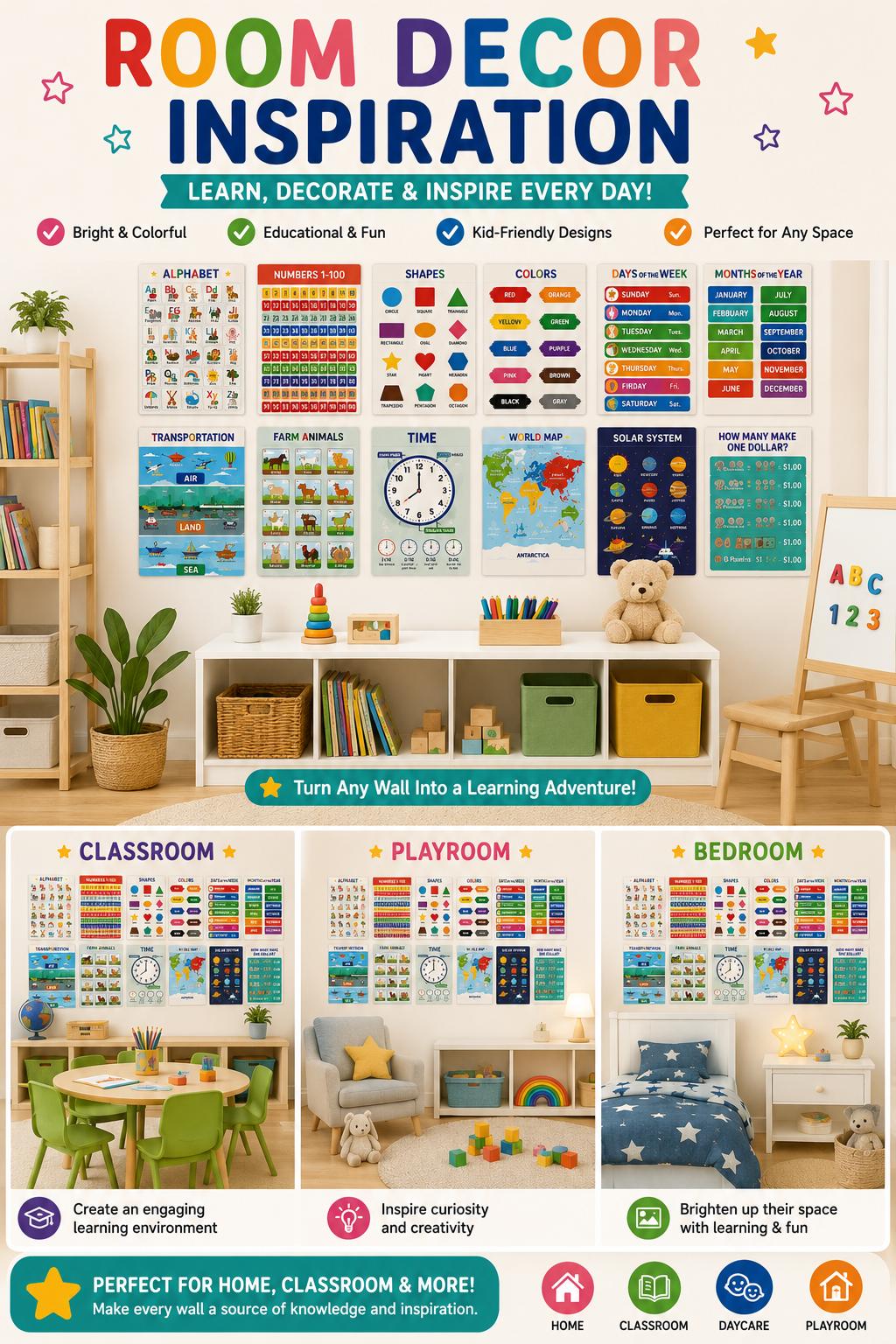 2026 New Edition - 18 English Word Learning Posters, Alphabet Learning Charts - Suitable for Children Aged 1-6, Laminated Preschool and Kindergarten Learning Posters, Ideal for Toddlers - Children's Bedroom and Classroom Decoration