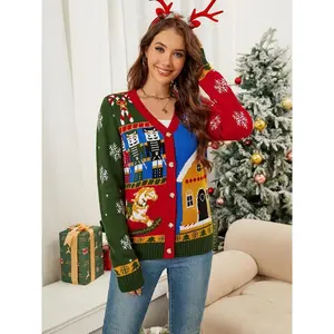 Women's Knitted Sweaters Crew Neck Cardigan Wool-Proof Color-Blocked Jacquard Christmas Sweaters Long Sleeve Knitwear Womenswear Tops for Festive Winter Outings
