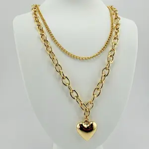 Gold Pleated Dbleck Necklace with Heart Pendant and Chain
