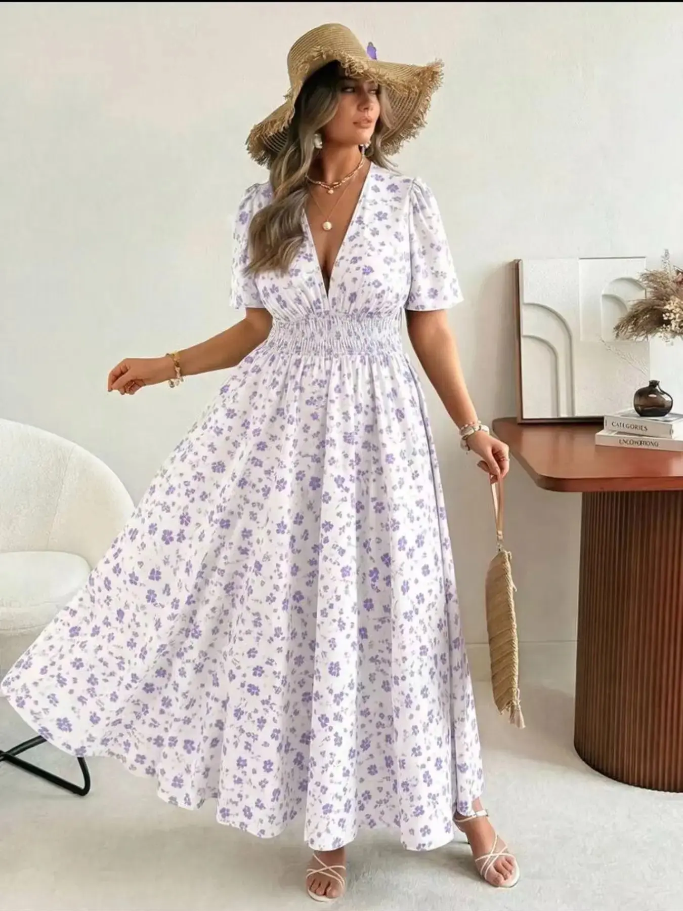 Plus Size French Floral Feminine Elegance Maxi Dress with Deep V-Neck and Waist-Cinching Short Sleeves, Long Summer Dress for Vacation and Casual Wear