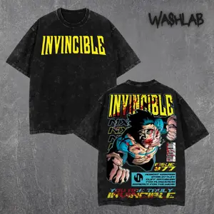Retro 2000s Invincible Inspired Ver2 Graphic Tee Double Sided Print Dark Superhero Moment Oversized Acid-Washed Heavyweight Cotton T-Shirt – Unisex Movie Tee, Perfect Gift for Comic and Lovers Menswear Tops