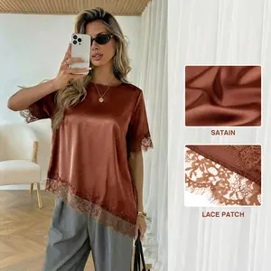 Tankaneo Womens Satin Silk Blouse Short Sleeve Loose Lace Top Summer Dressy Casual Asymmetrical Shirts Elegant  Feminine Lightweight Versatile Chic Outfits Symmetry Trendy Womenswear #SatinBlouse #SummerOOTD #TikTokShopFinds #ElegantStyle #AsymmetricalTop